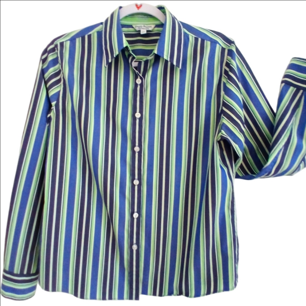 TABI Tailored Button Down Striped shirt 100% Cotton  Sz Small  Green/blues
